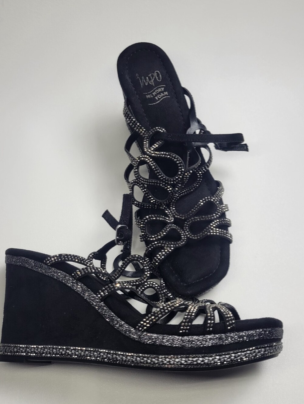 New Memory Foam Impo Black Sparkly Wedge Shoes Size 9